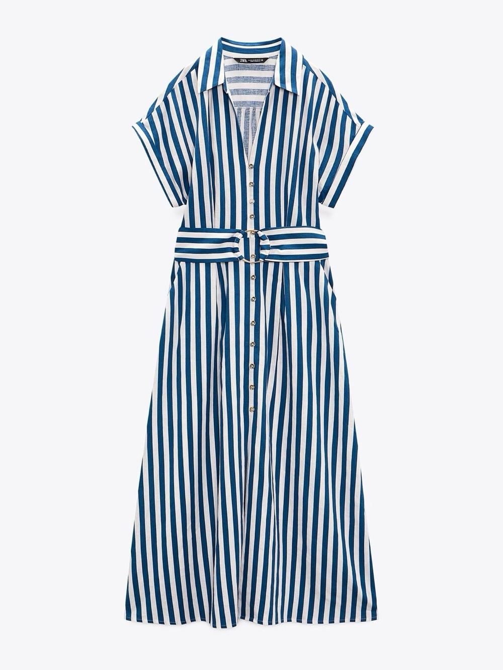 Zara Striped Linen Blend Shirt Dress Blue White Belted Maxi XL 8092/469 - Picture 1 of 8